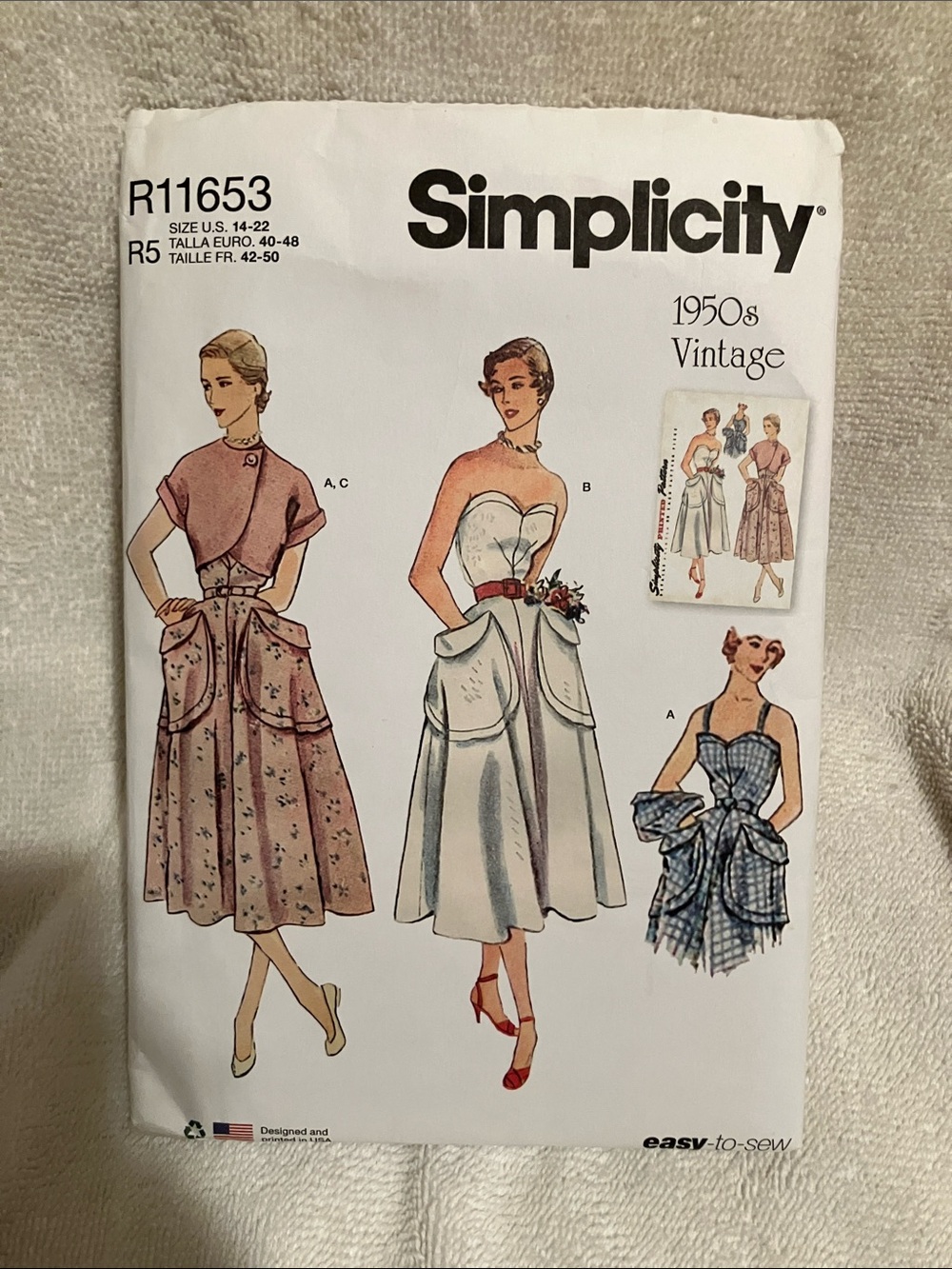 Simplicity Strapless Vintage-Inspired Dress Sewing Pattern in Pink, White, Blue